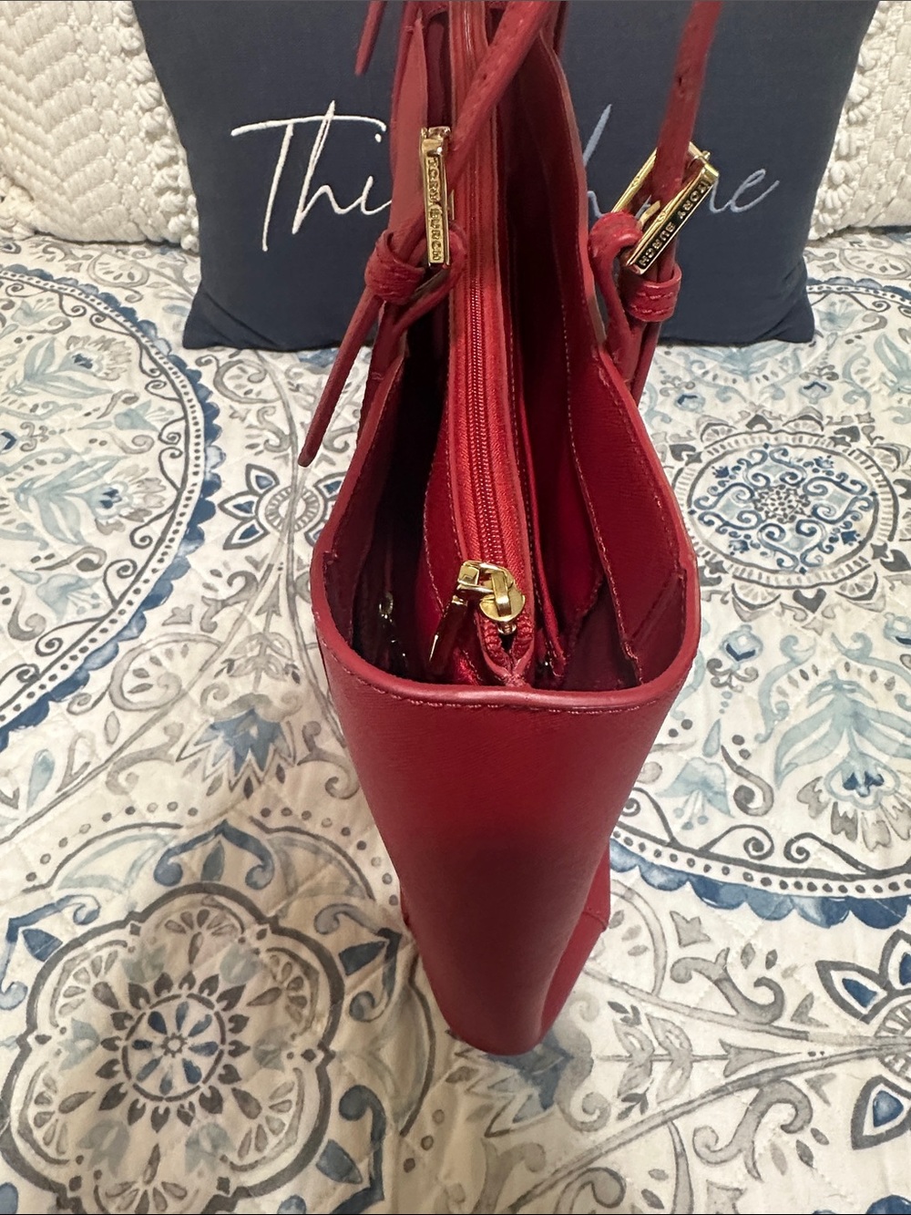 Tory Burch Red York Tote with Gold Logo - Picture 6 of 8
